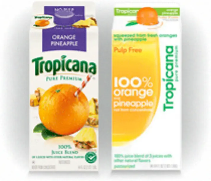 Tropicana Pineapple cartons shown side-by-side to illustrate the visual pop of the original vs. the blandness of the 2009 redesign