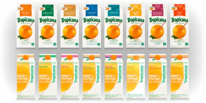 Two rows of Tropicana juice cartons illustrating the clarity of the original design vs. the non-descript 2009 redesign